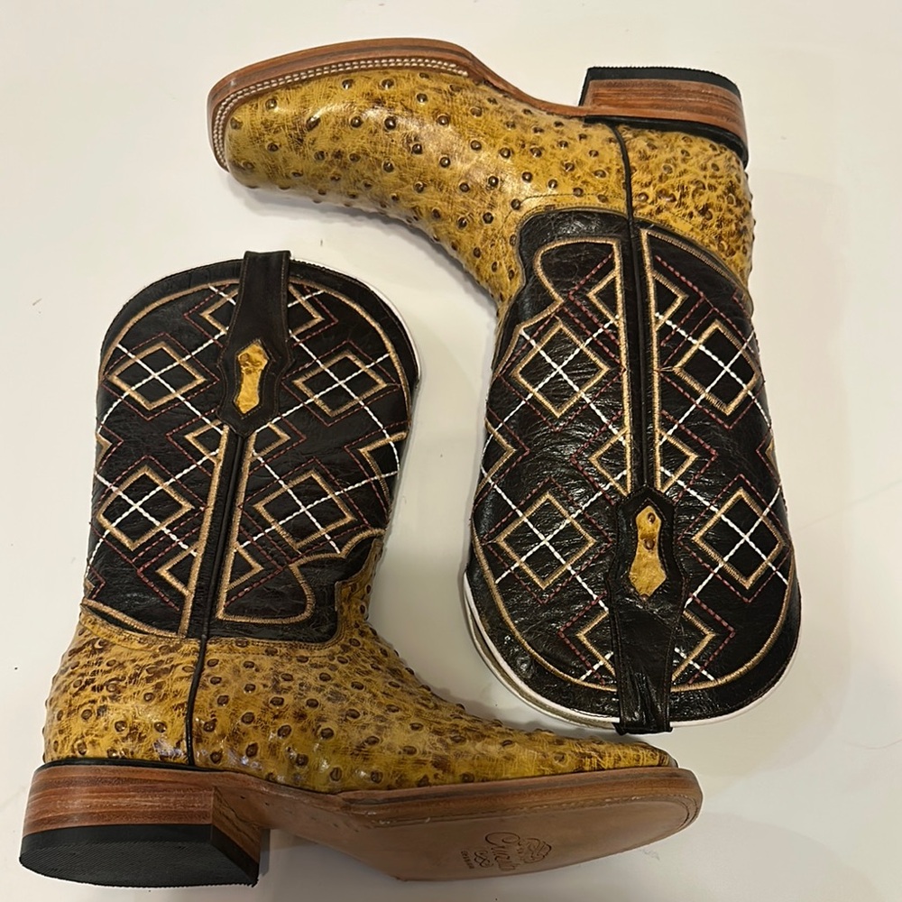 Yellow Ostrich Leather Cowboy Boots with Black Embroidered Shaft